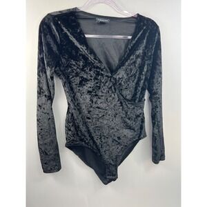 Trouve‎ Bodysuit Women's Size S Black Velour V-Neck Long Sleeve